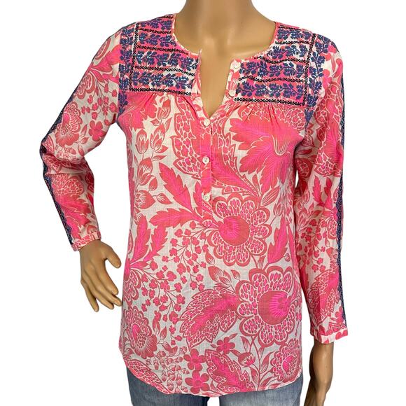 J. Crew Embroidered Cotton Popover Top Pink Floral 3/4 Sleeve Size 00 - Picture 2 of 10